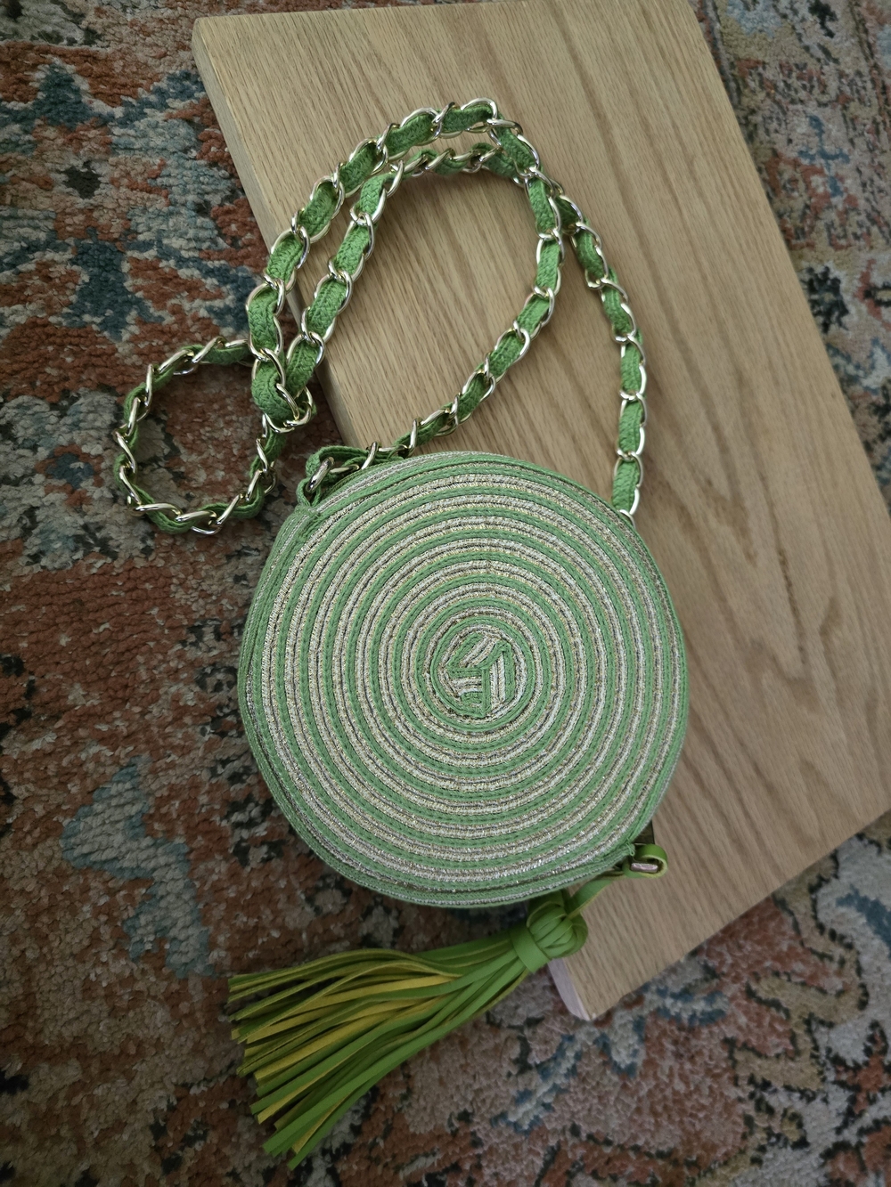 Green Round Woven Crossbody Bag with Tassel